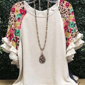 Cream and blush floral fringe trim raglan top – cellabie